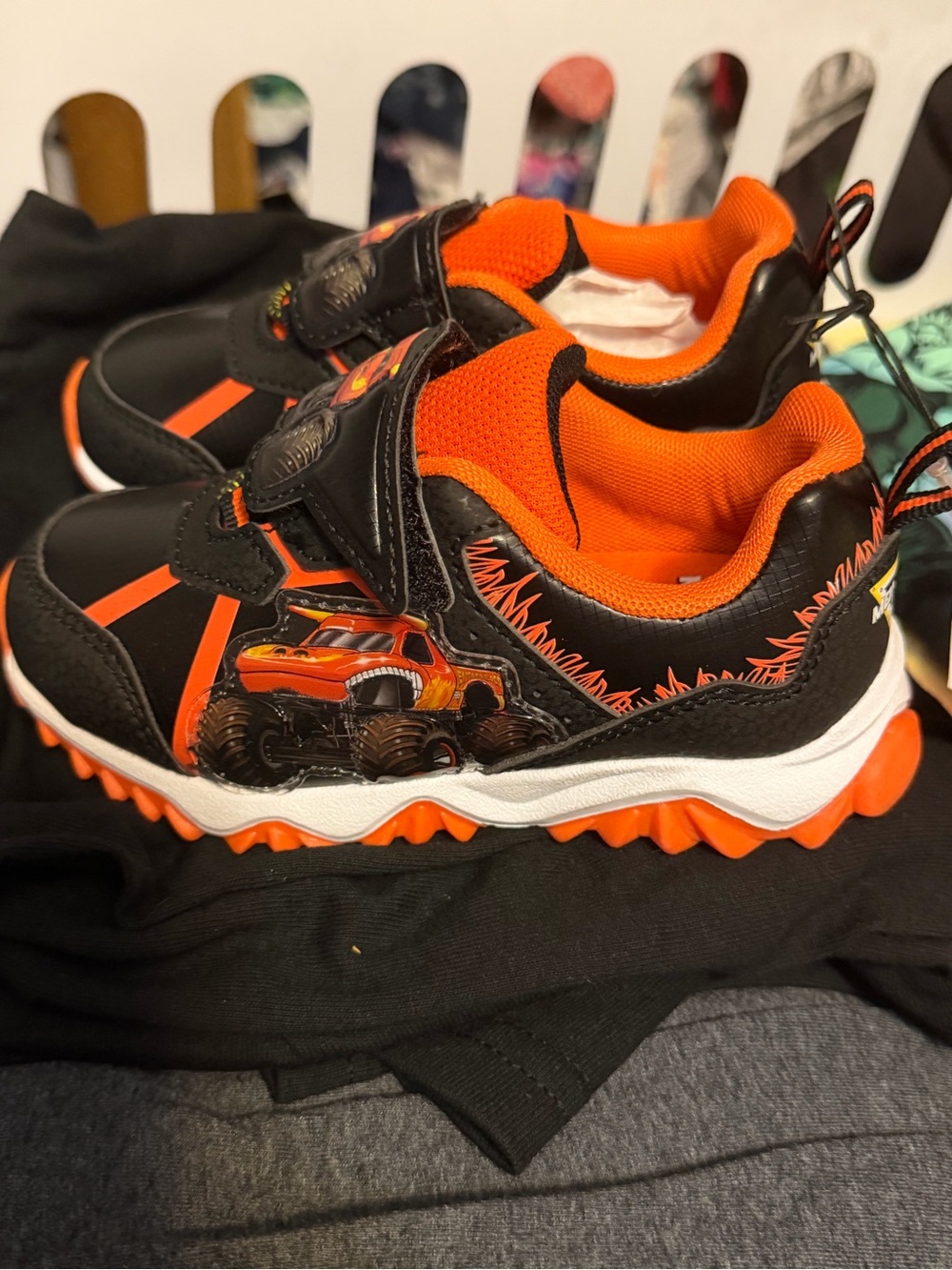 Monster Jam Kids size 9 Orange & Black Monster Truck Velcro Sneakers